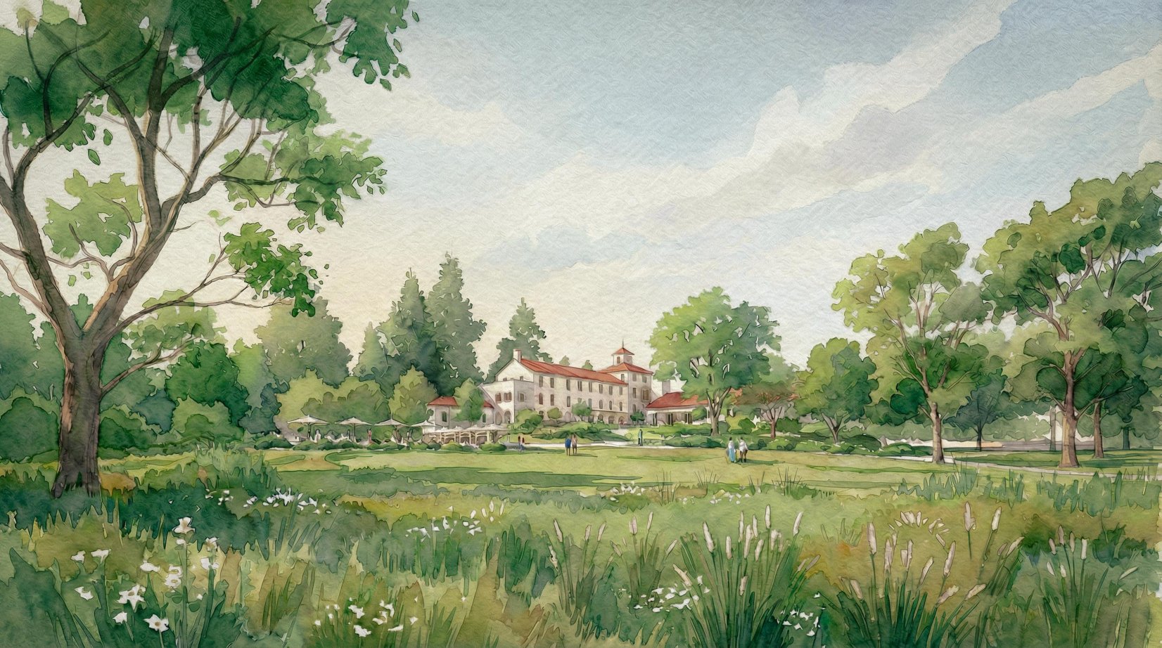 The essence of Palihouse Monteagle — campus across the meadow